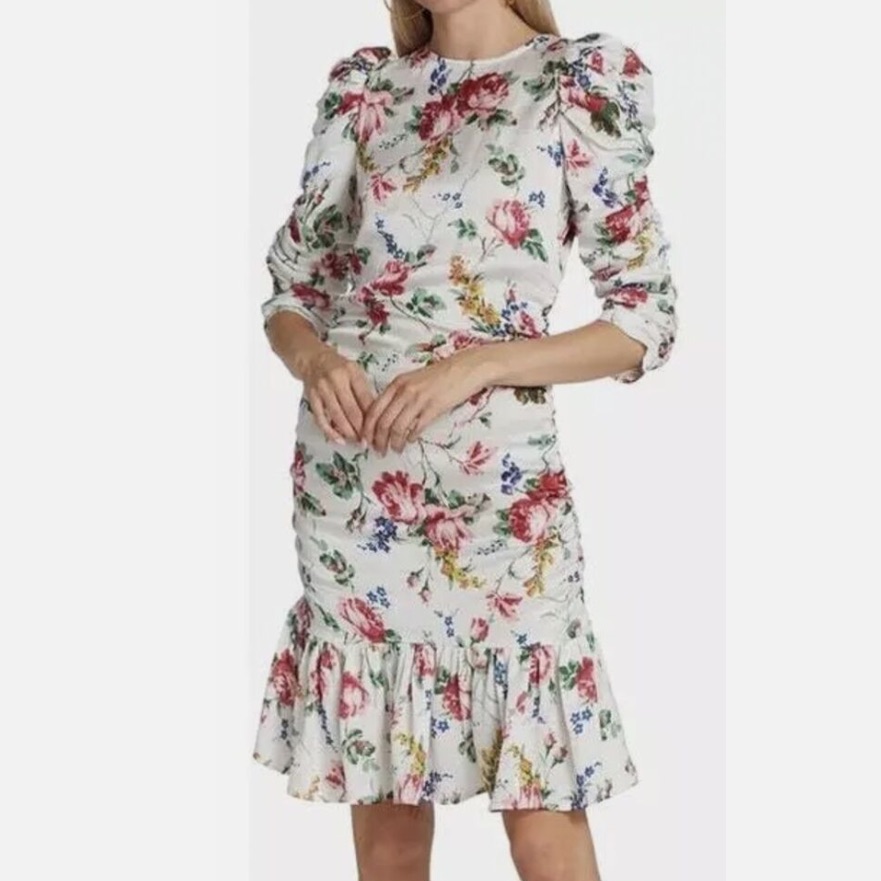 Nwt Bytimo White Floral Ruffled Tiered Ruched Puff Sleeve Midi Dress Size S/M